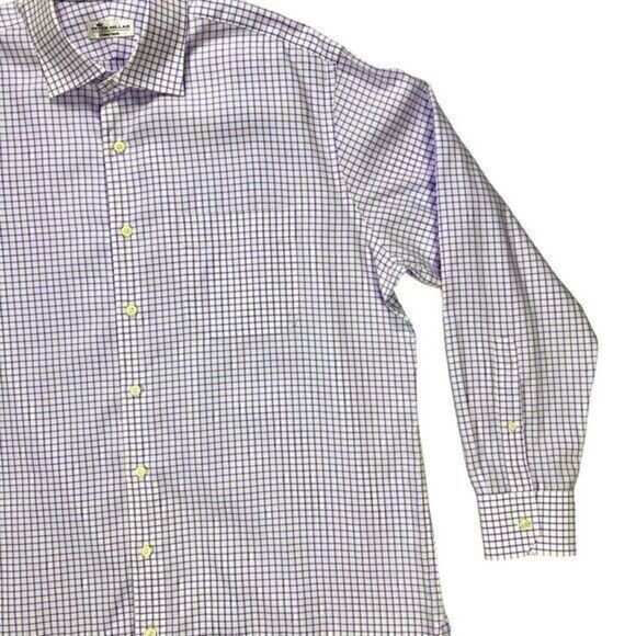 Peter Millar Dress Shirt Mens Sz 17 Long White Purple Plaid Cotton Button Front - Picture 5 of 16